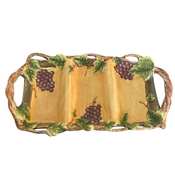 Sonoma Other - PACIFIC RIM SONOMA HANDLED 3 SECTION RELISH TRAY‎ 15 3/4" EMBOSSED GRAPES LEAVES